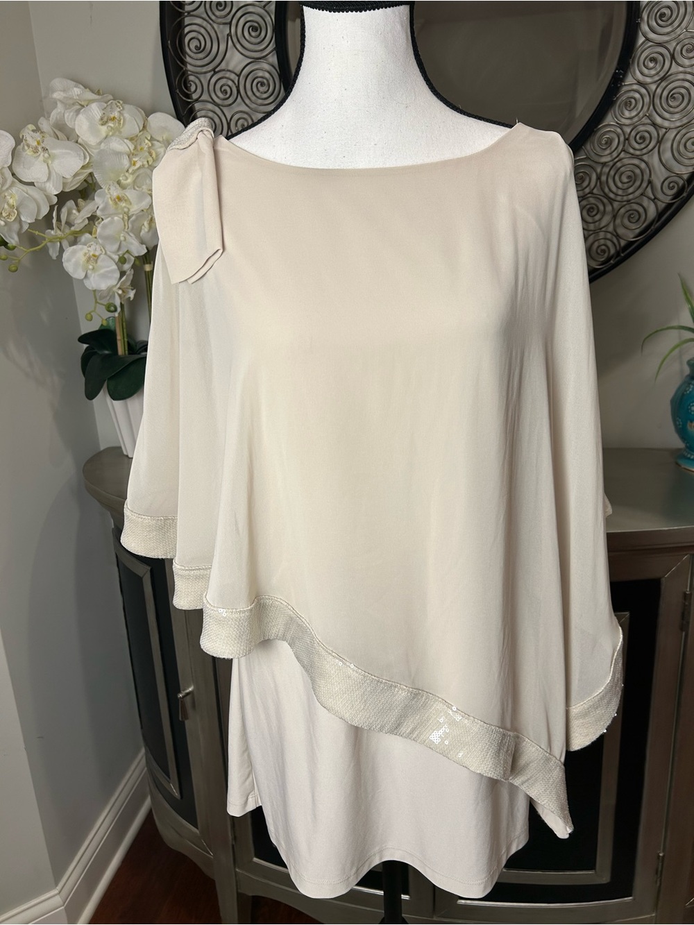 Joseph Ribkoff Cream Asymmetrical Sequin-Trim Top